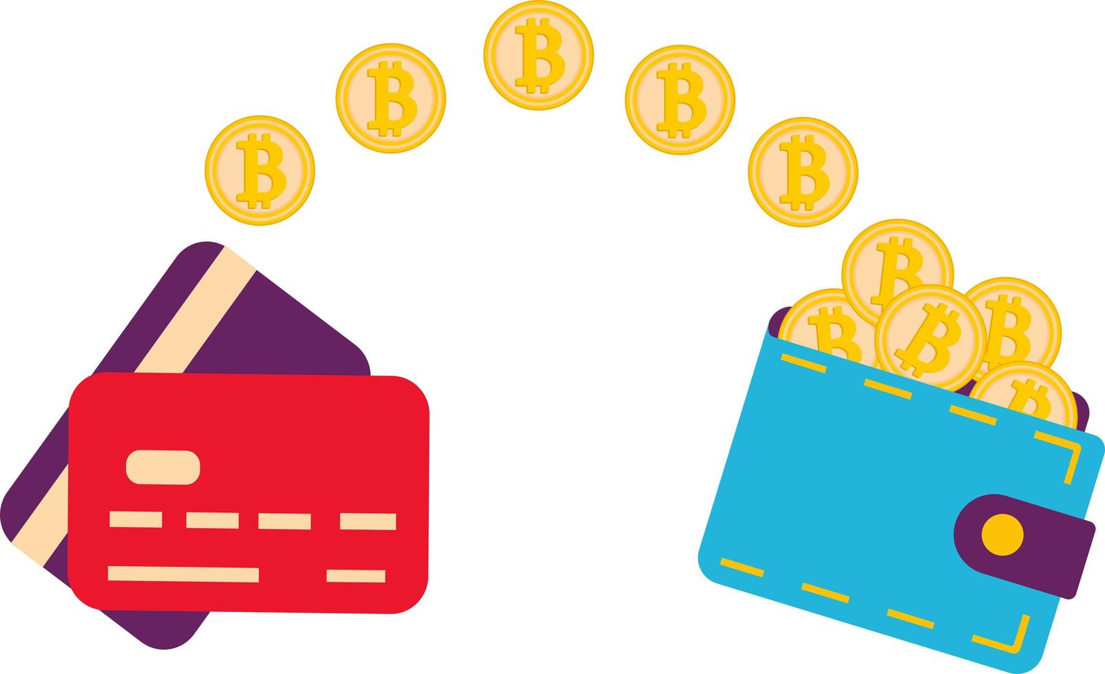 A flat illustration of a pile of bitcoins, from a credit card to a wallet. vector