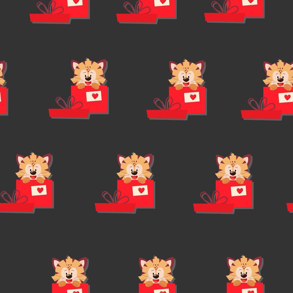 A tiger cub in a red box. Vector pattern in a flat style.