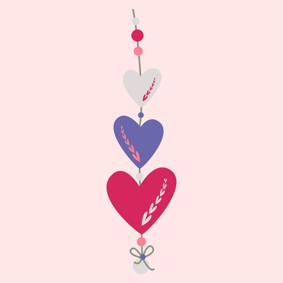 colgante decorativo, tres corazones y cuentas. tarjeta de san valentin vector