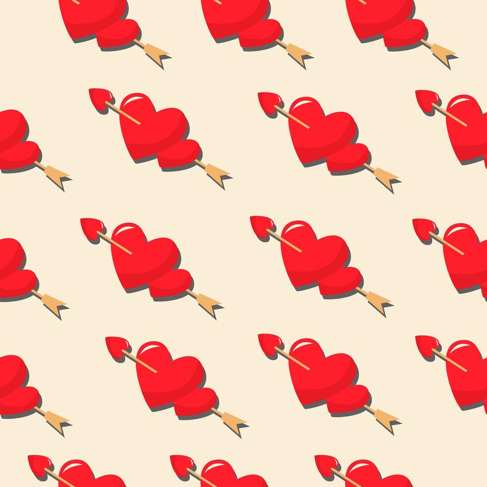 Two red hearts and an arrow. Vector pattern in a flat style.
