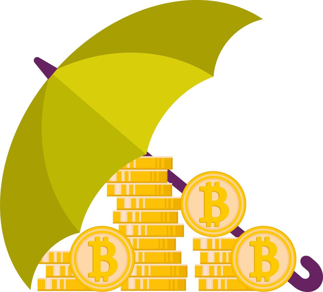 A flat illustration of a pile of bitcoins under an umbrella. vector