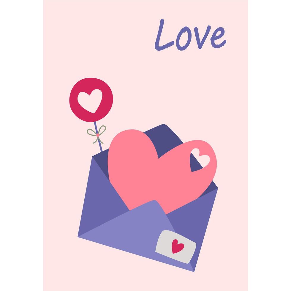 una carta abierta con un gran corazón y una piruleta. vector