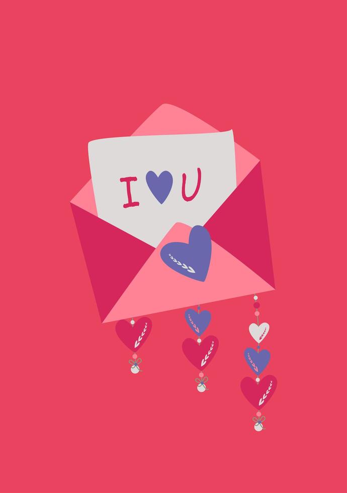 Pink envelope with a blue heart. Vector image in boho style.