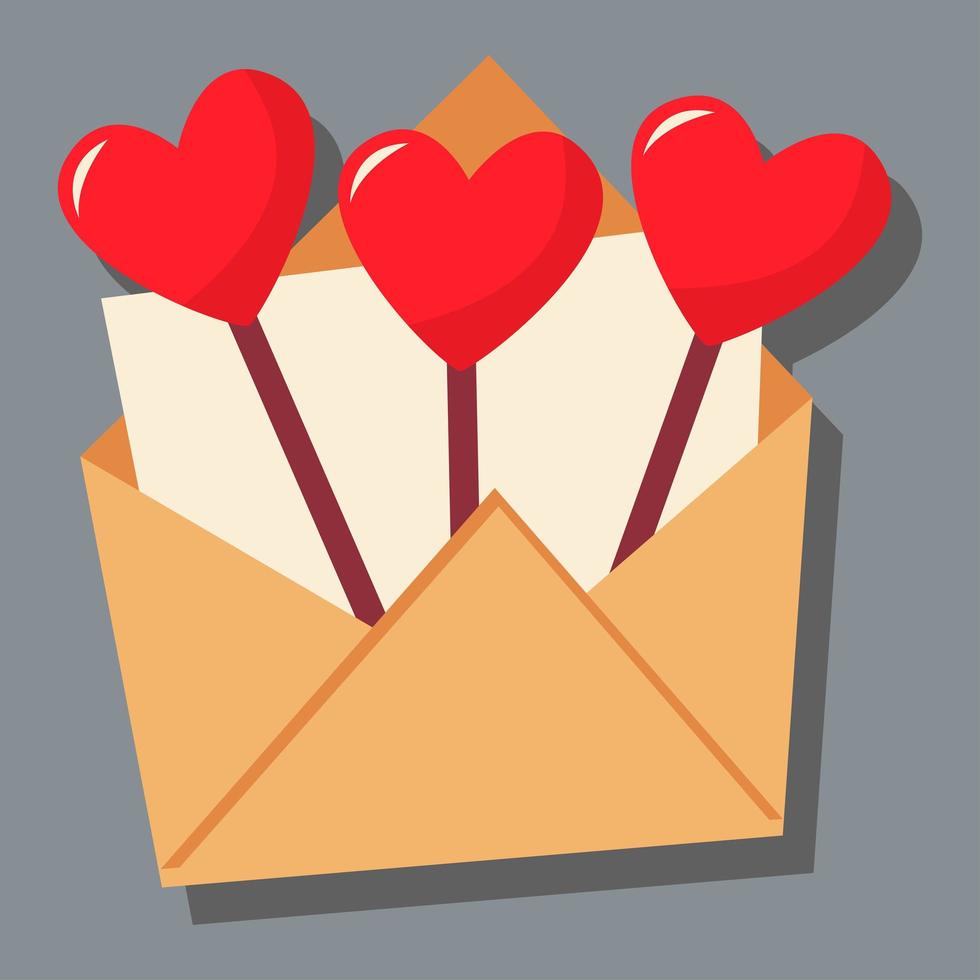 en un sobre abierto con una carta, caramelo en un palo en forma de corazones. vector