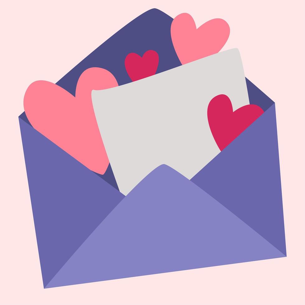 The envelope is open with an empty letter and hearts. Valentine card. vector