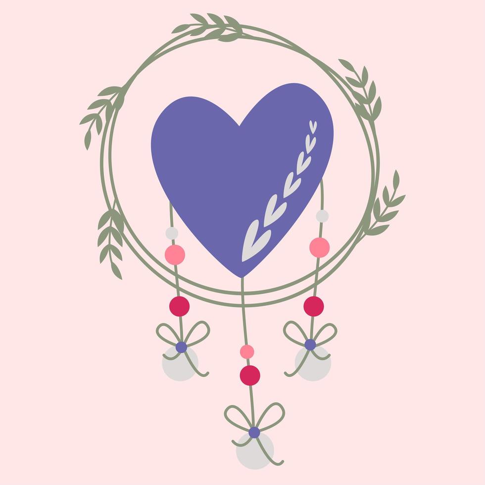 A decorative wreath with a heart, beads, bows. vector