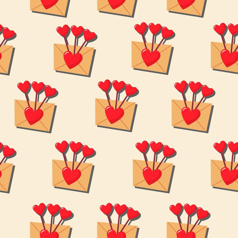 An envelope with hearts on a stick. Vector pattern in a flat style.