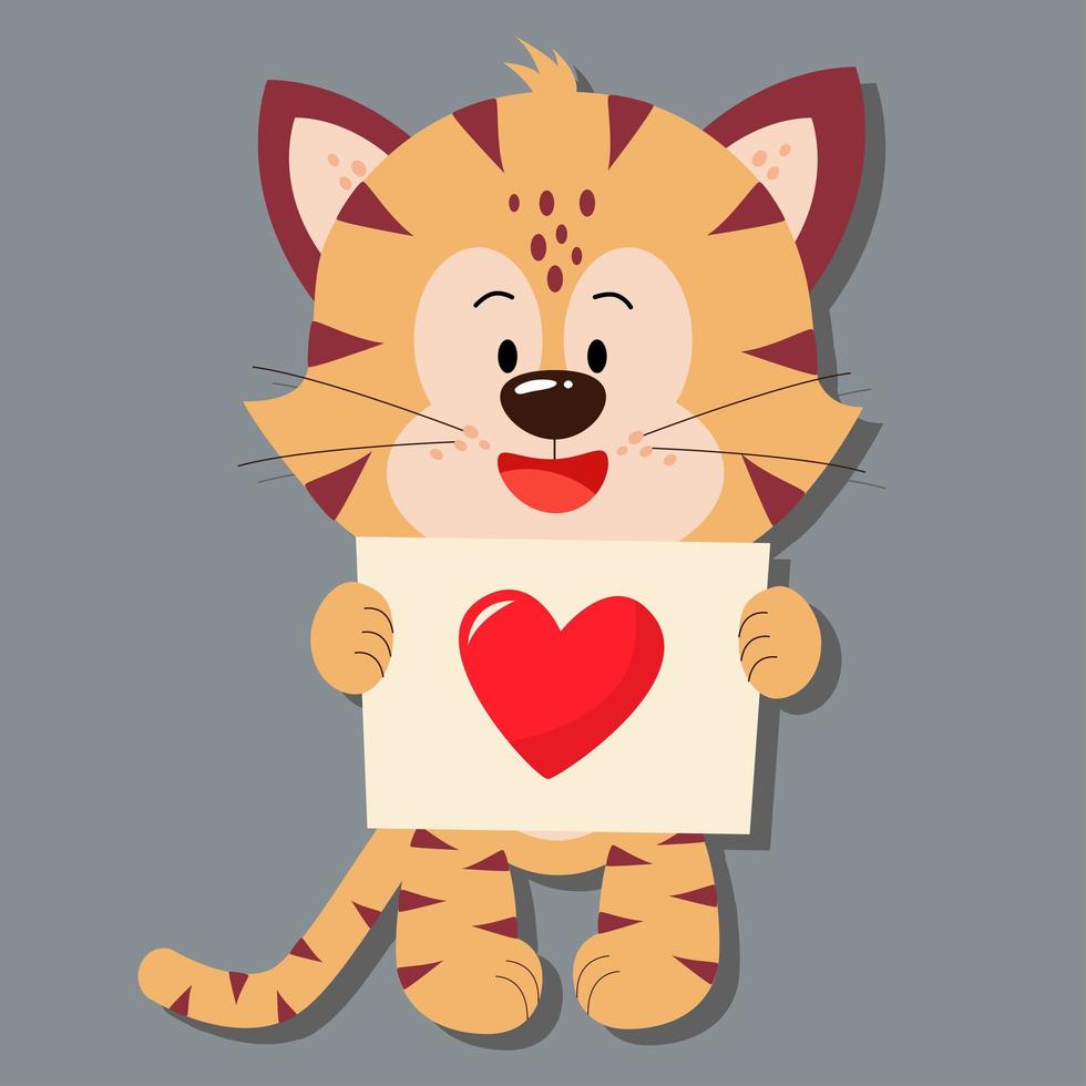 un tigre con una postal y un corazón. dia del amor vector