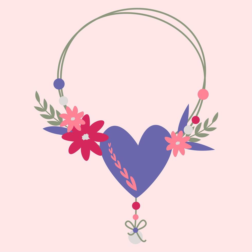 Beads with a heart and flowers. Valentine card. vector