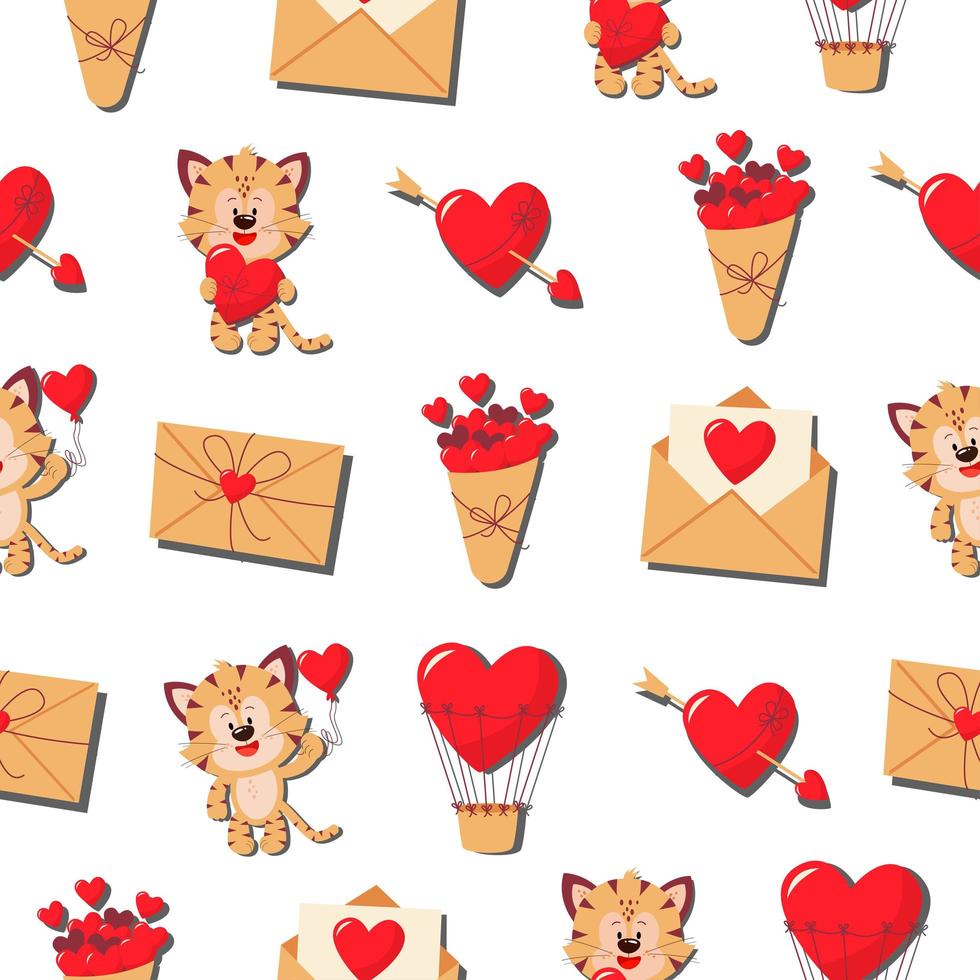 Tiger cubs envelopes hearts. Vector pattern in a flat style.