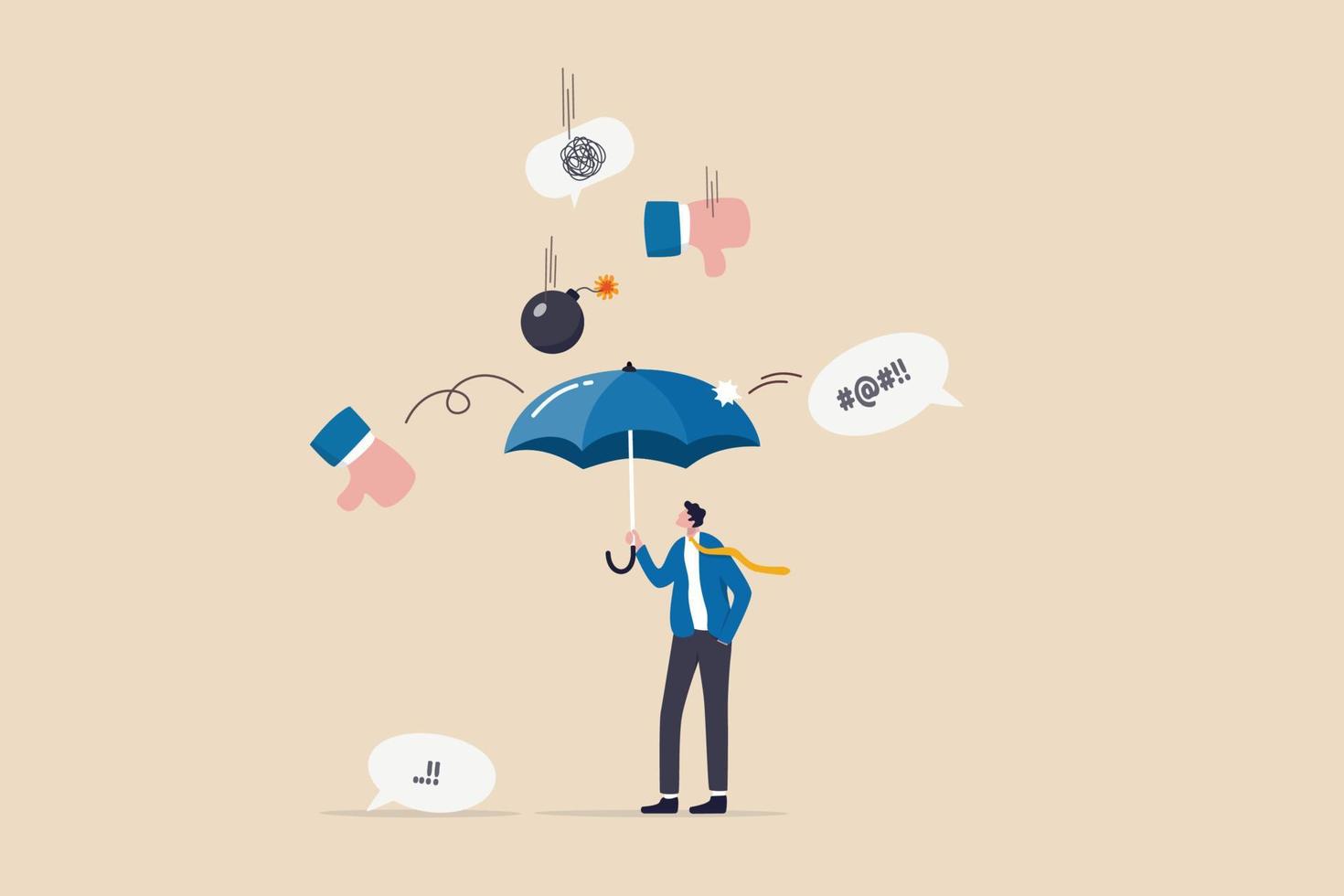 Handle business criticism or negative feedback, manage boss blame, pressure, failure or mistake ashamed concept, confidence businessman hold strong umbrella protect from negative feedback criticism. vector