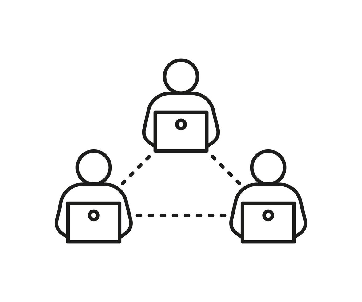 People remote online communication on computer, network line icon. Connection on internet teamwork. Distance community. Vector sign