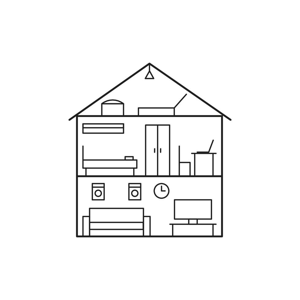 Line plan house inside, section interior, building home in cut. Living rooms and bedroom with furniture. Vector line illustration