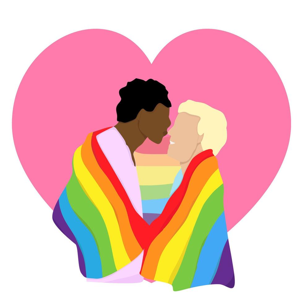 Love of two men,  LGBT couple. Rainbow lgbt flag. Flat vector illustration.