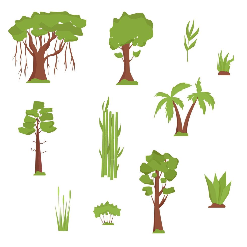 Vegetation of India. Trees and grass. Banyan, palm trees, bamboo, sandalwood, coniferous trees in flat design vector