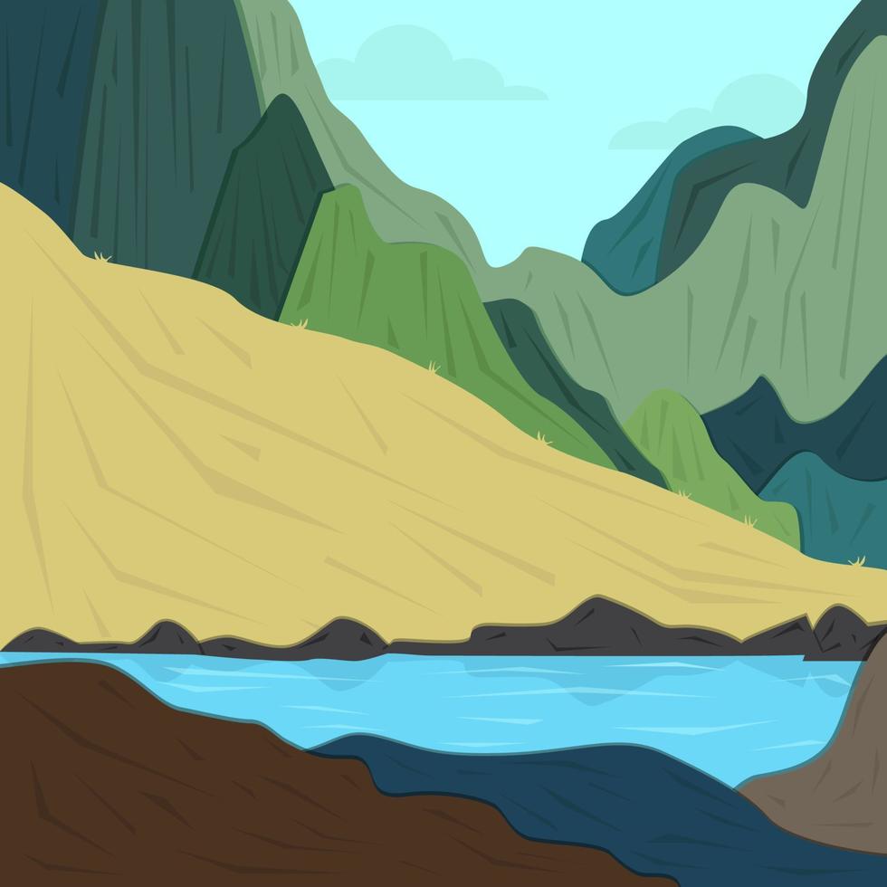 diseño plano fondo paisaje montañas con río vector