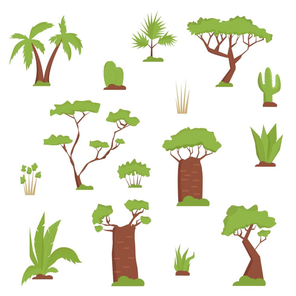Set of African trees, herbs, leaves. Flat style. Palm tree, baobab, cacti, tropical leaves and plants vector