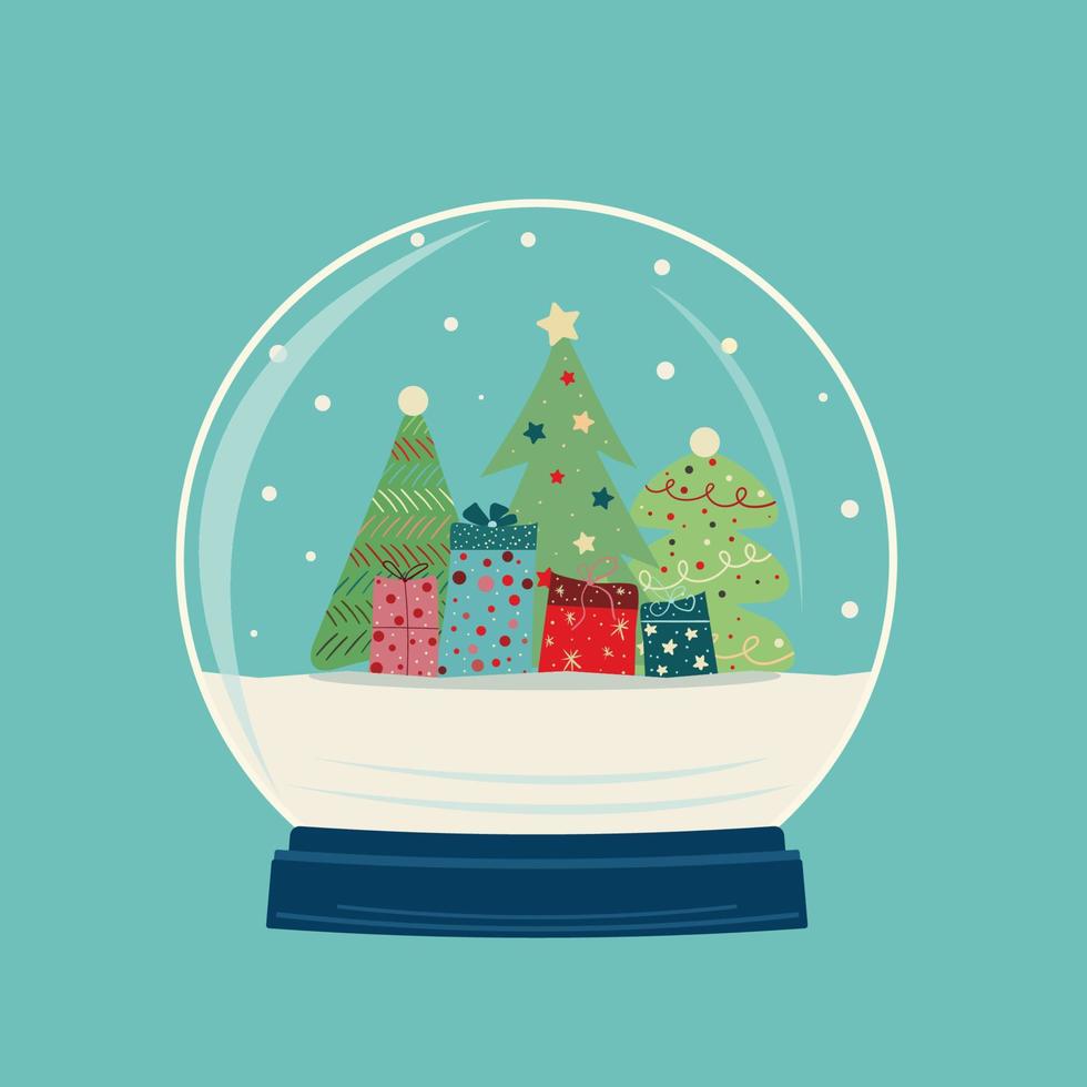 tarjeta de Navidad. globo de nieve de año nuevo con árboles de navidad y regalos decorados, nieve que cae, fondo azul. vector