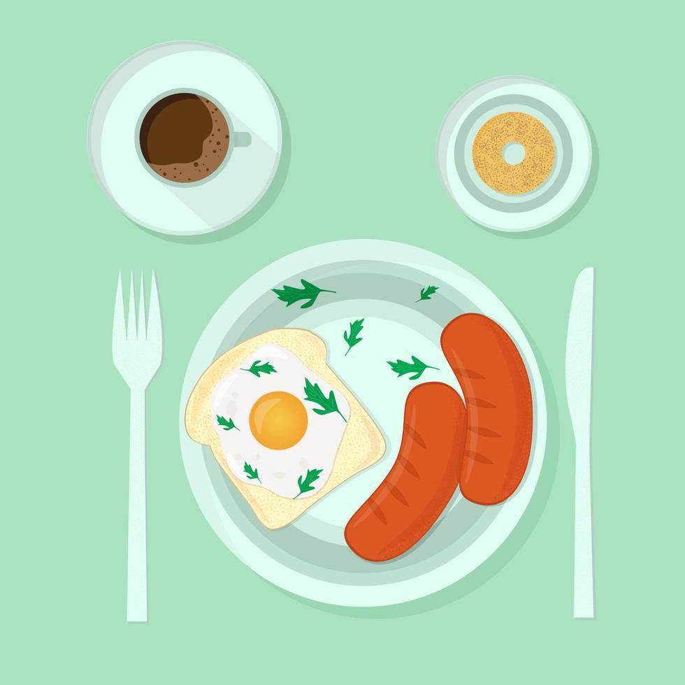 Vector breakfast time illustration with flat icons. Egg, toast, sausages, parsley, coffee, bun. Top view