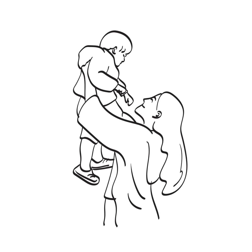 línea arte madre vomitando a su hijo en el cielo ilustración vector dibujado a mano aislado sobre fondo blanco