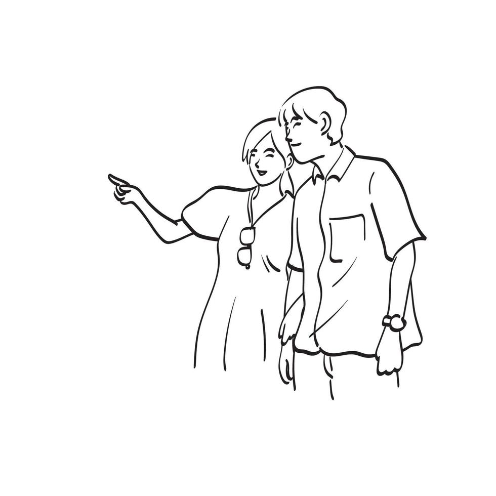 retrato de media longitud de arte de línea de una pareja joven que señala en el espacio en blanco ilustración vector dibujado a mano aislado sobre fondo blanco