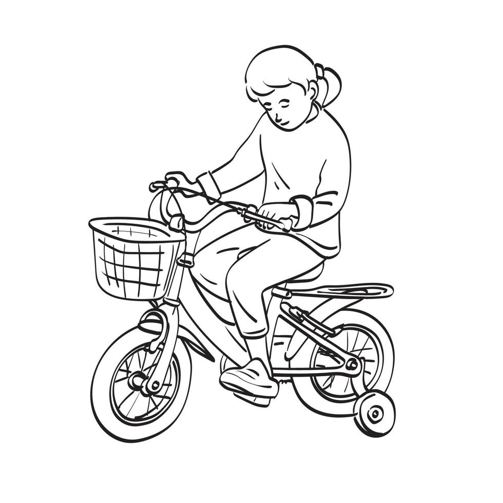 línea arte niña aprendiendo a andar en bicicleta ilustración vector dibujado a mano aislado sobre fondo blanco.