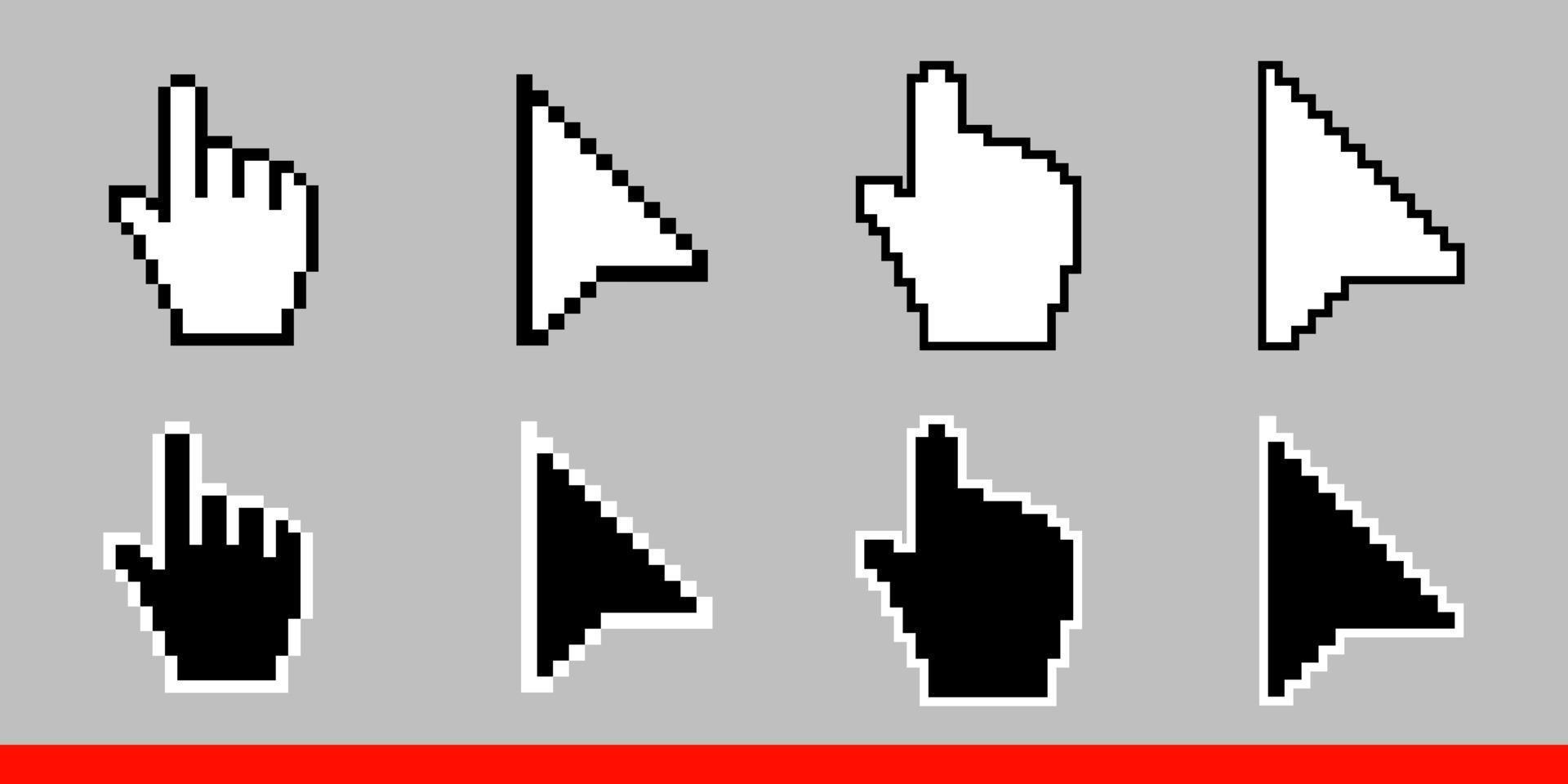 icono de cursores de mano de ratón de píxeles y flechas en blanco y negro vector