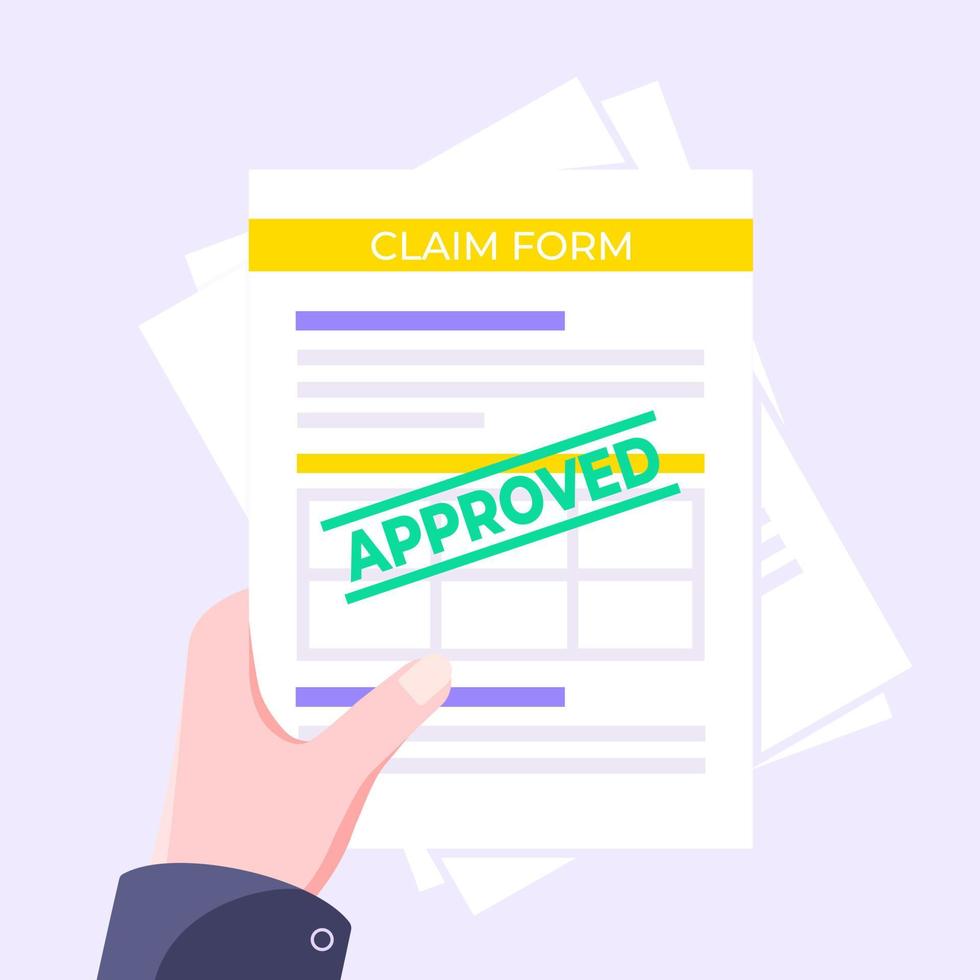 Approved claim or credit loan form, paper sheets and approved stamp flat style design vector illustration.