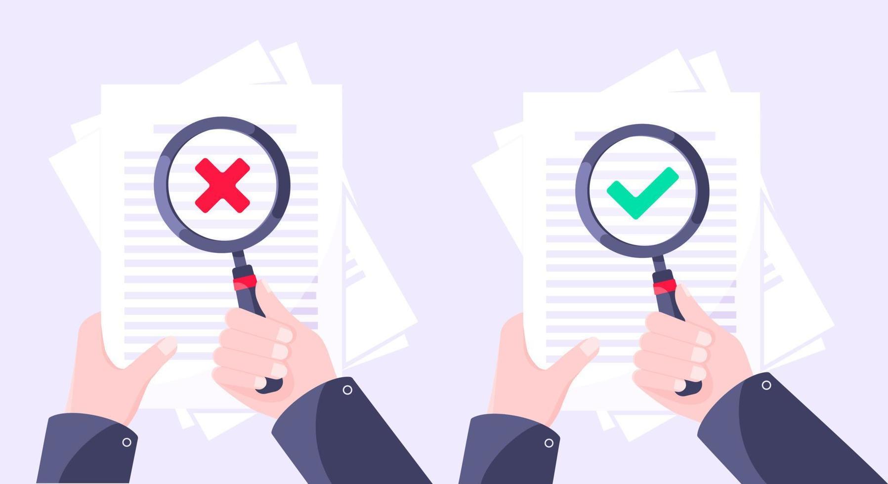 Correct and reject document verification concept with paper sheets and check mark tick and x on it. vector