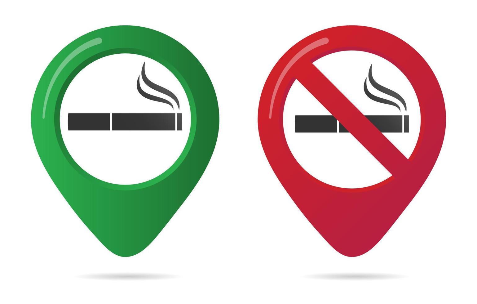 No smoking and smoking area marker map pin icon sign set with flat design gradient styled cigarette in the forbidden red circle. Symbol of the smoking area in the map apps isolated on white background vector