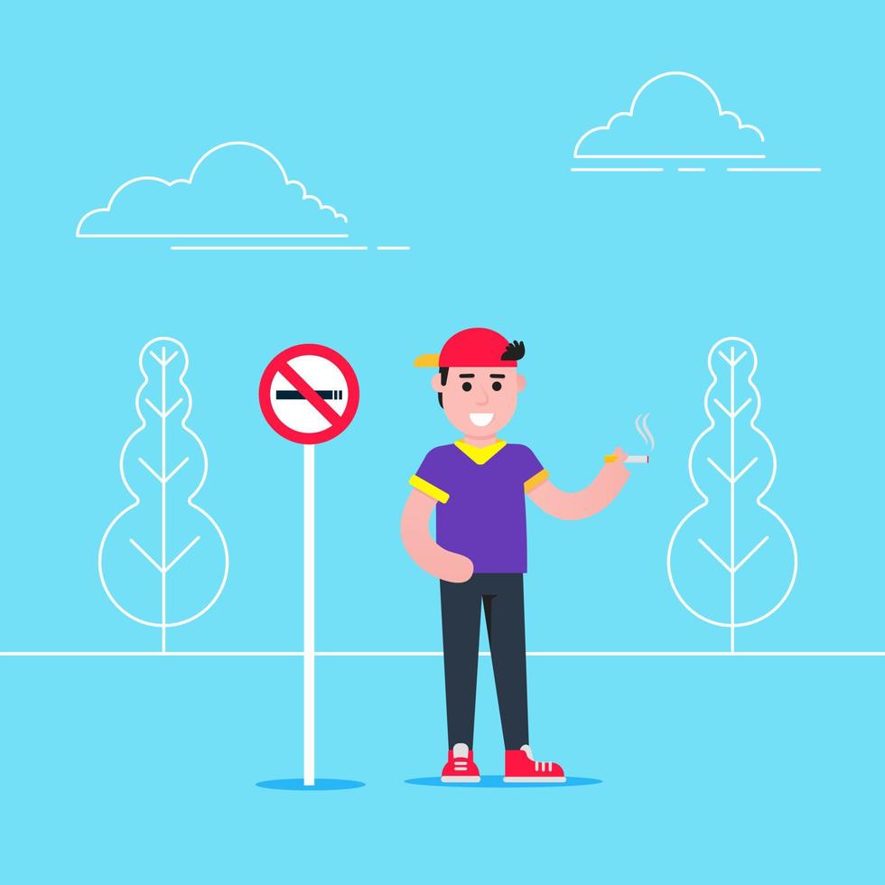 Person smokes cigarette near no smoking sign flat style vector illustration isolated on light blue background. Concept of no smoking areas.