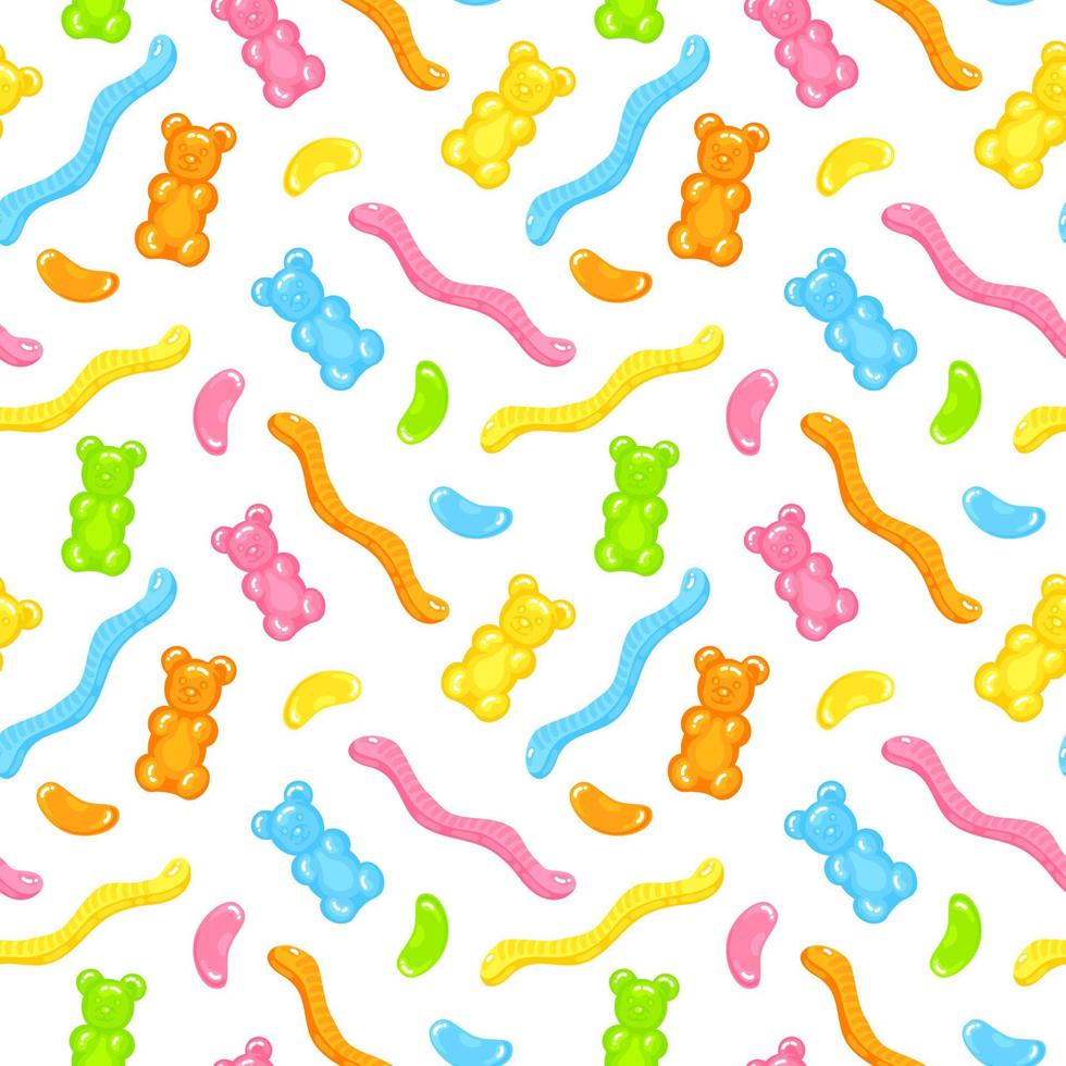 Gummy bear, jelly worms and beans sweet candy seamless pattern with amazing flavor flat style design vector illustration.