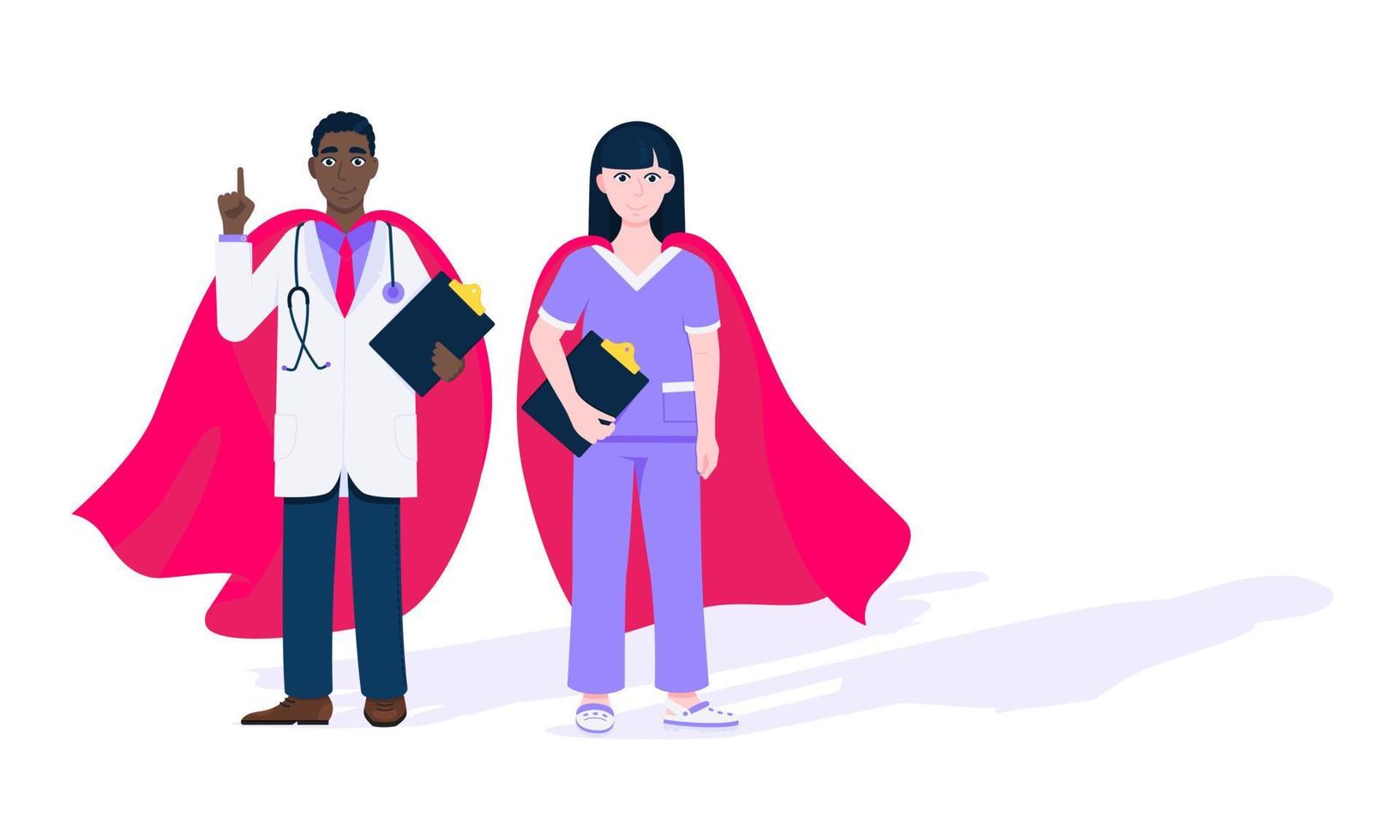 Two doctors with hero cape behind hospital medical employee fight against diseases and viruses on frontline flat style design vector illustration.