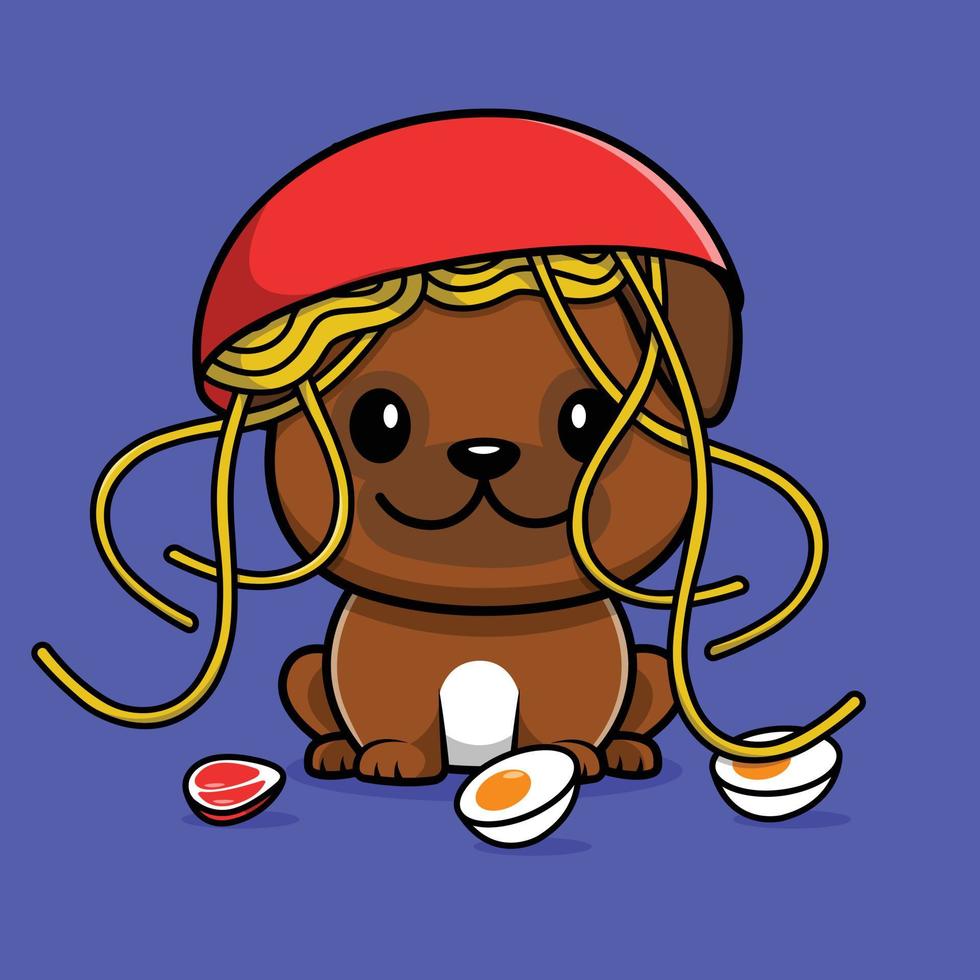 lindo perro pug con carne de fideos y huevo dibujos animados vector icono ilustración. concepto de icono de comida animal vector premium aislado. estilo de dibujos animados plana