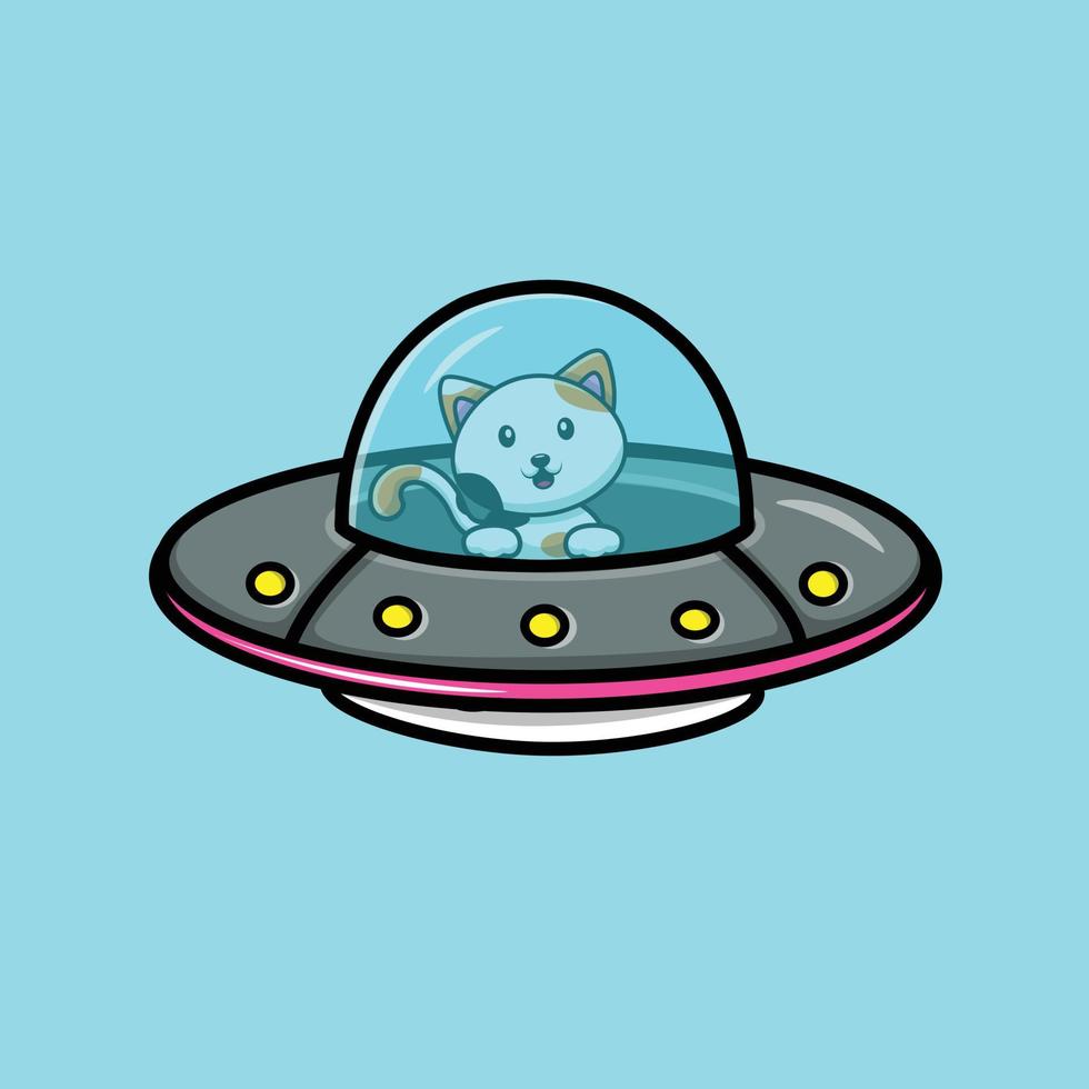 lindo gato montando con ilustración de icono de vector de dibujos animados de nave espacial OVNI. concepto de icono de tecnología animal vector premium aislado. estilo de dibujos animados plana