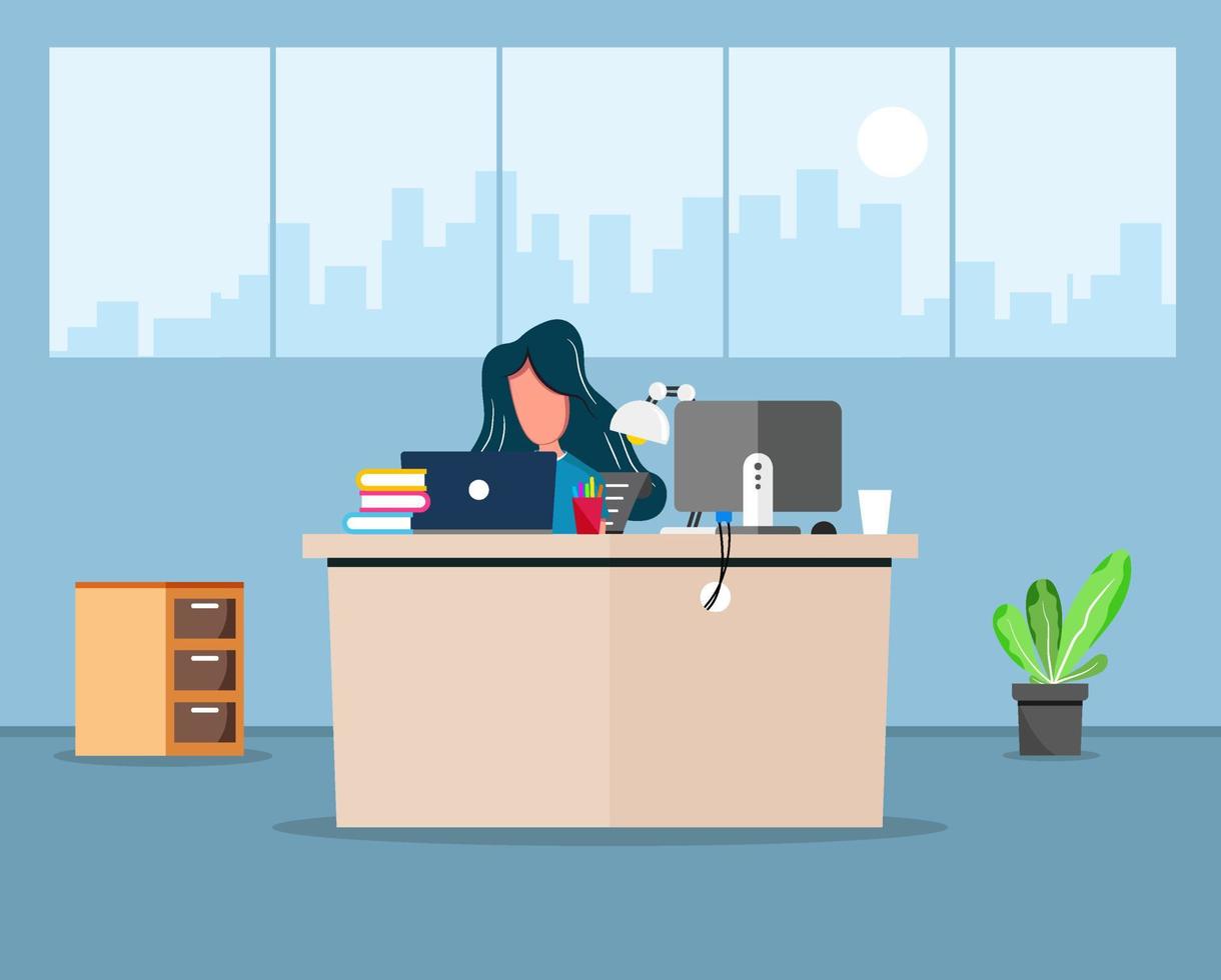 learning and teaching business office to work modern interior, office cabinet with computer colorful vector illustration in flat cartoon style vector design