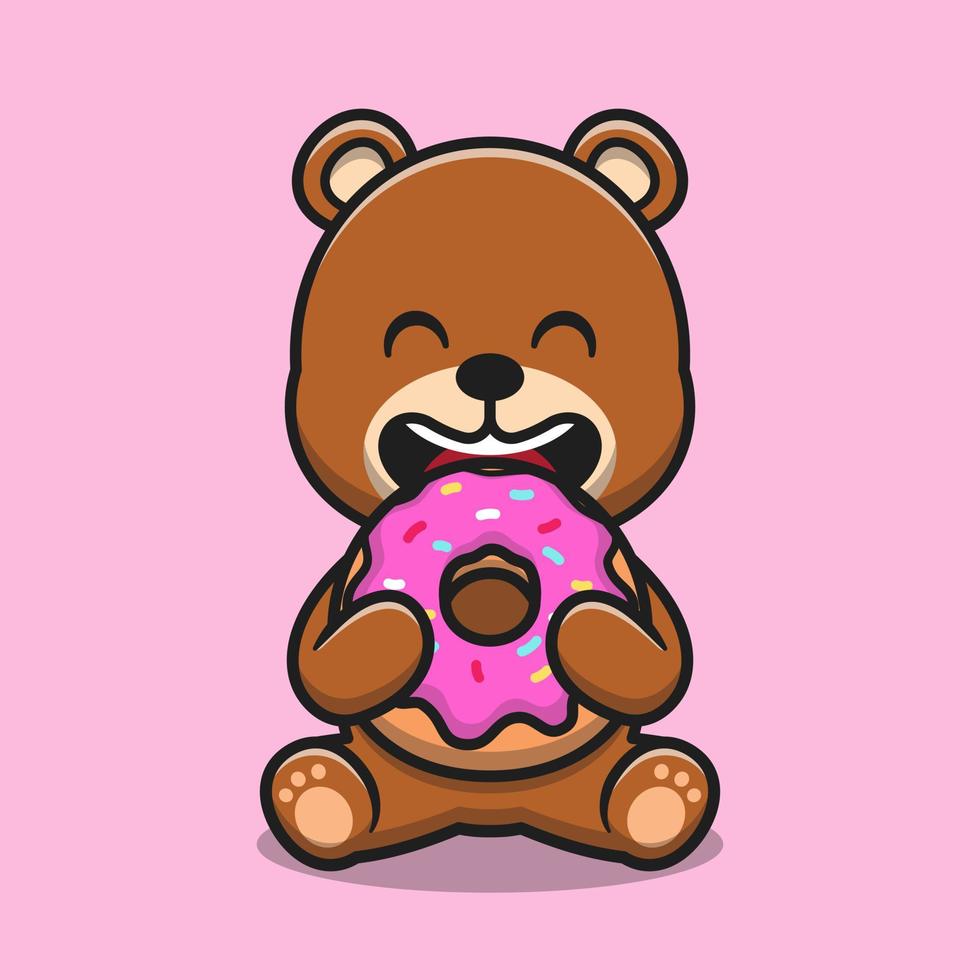 Cute bear eating doughnut cartoon vector icon illustration