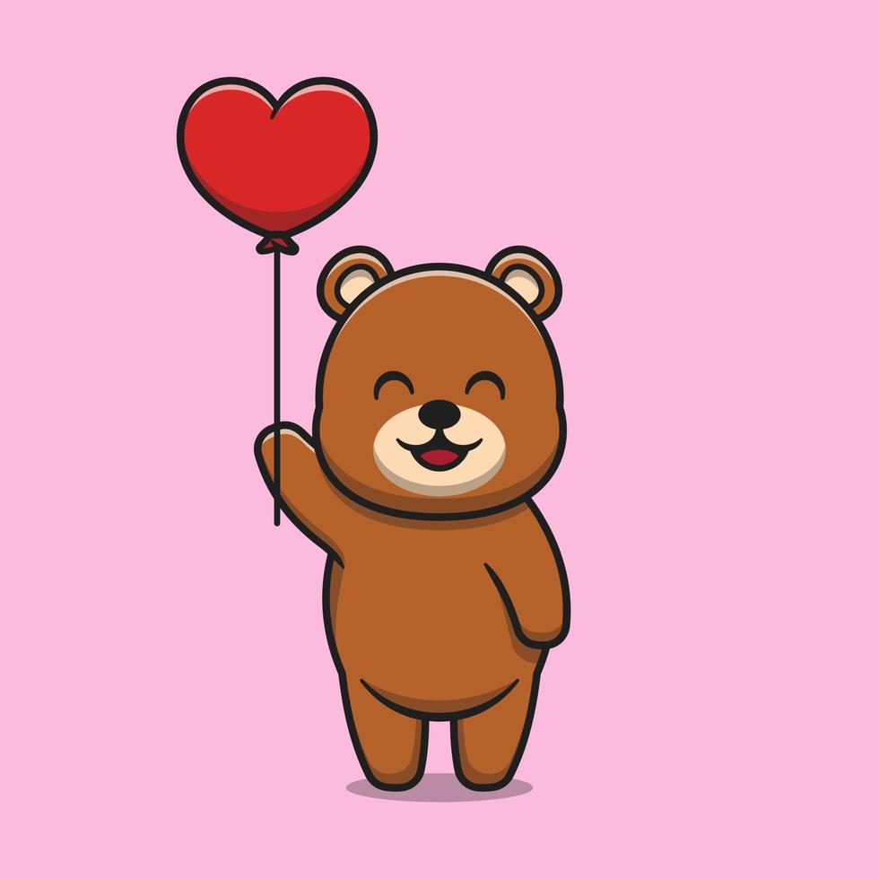 Cute bear holding love balloon cartoon icon illustration vector