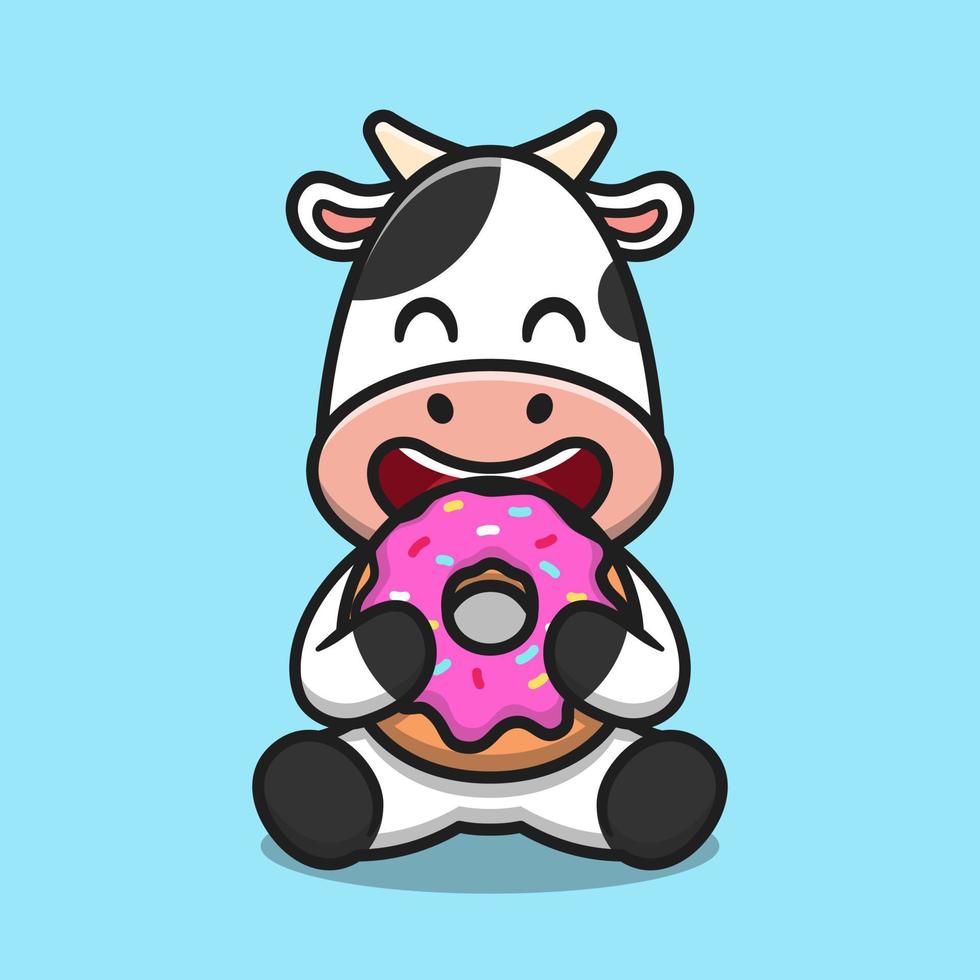 Cute cow eating doughnut cartoon vector icon illustration