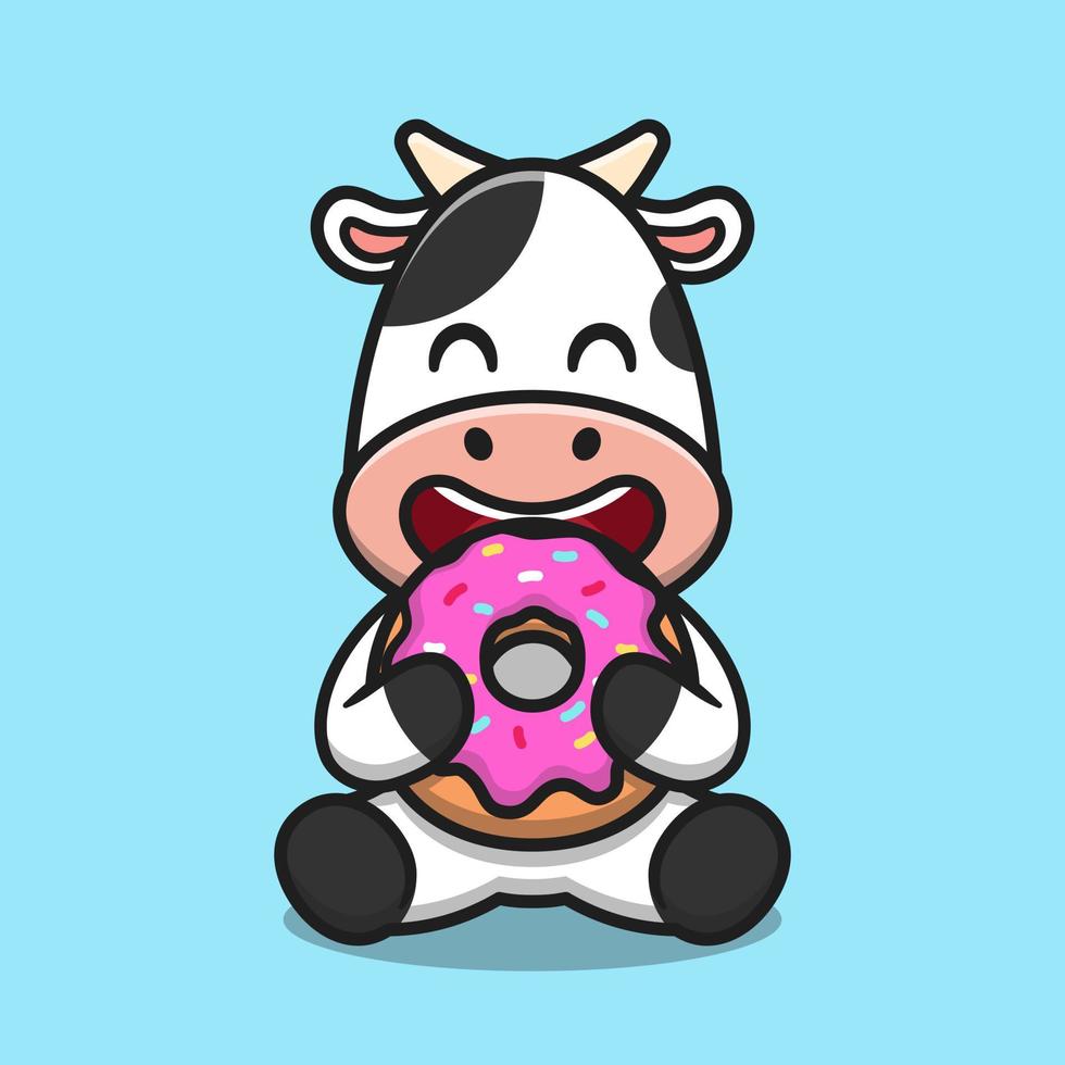 Linda vaca comiendo donut dibujos animados vector icono ilustración