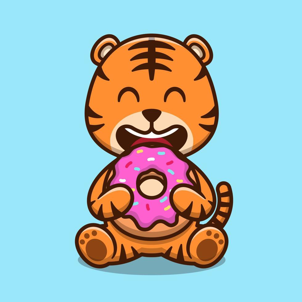 Cute tiger eating doughnut cartoon vector icon illustration