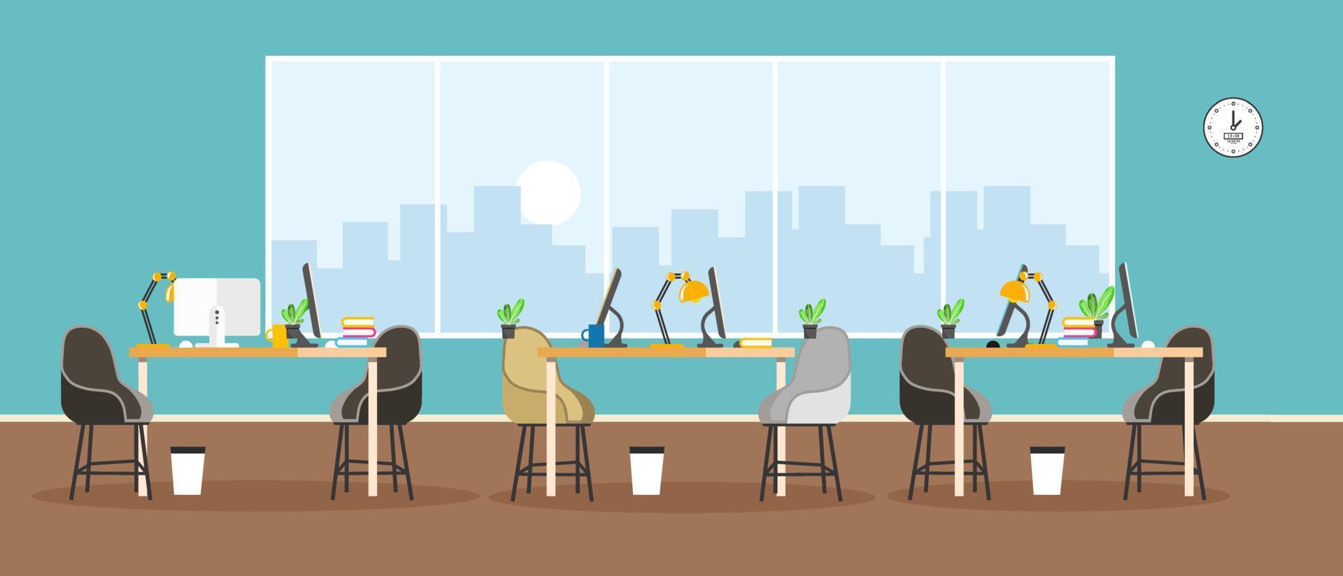 learning and teaching business office to work modern interior, office cabinet with computer colorful vector illustration in flat cartoon style vector design