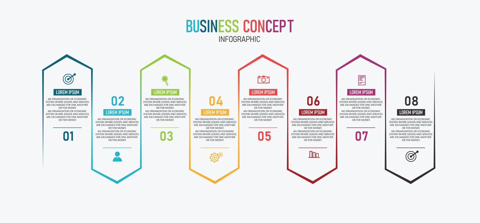 idea de negocio de presentación de plantilla infográfica de línea de tiempo con iconos, opciones o pasos. las infografías para ideas de negocios se pueden usar para gráficos de datos, diagramas de flujo, sitios web, pancartas. vector