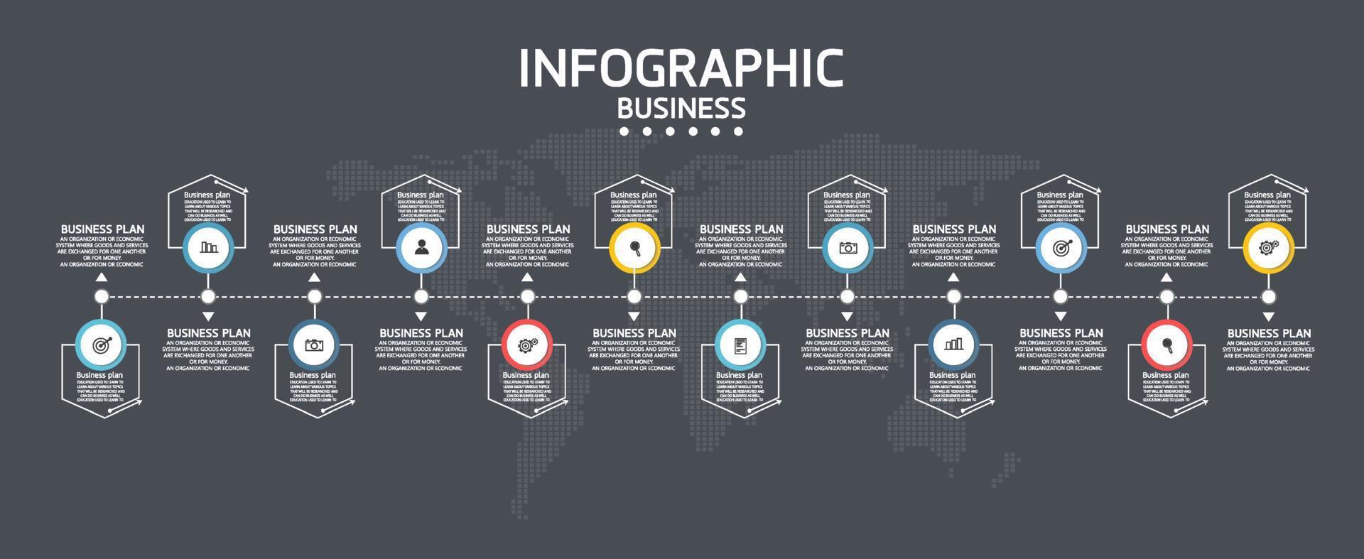 idea de negocio de presentación de plantilla infográfica de línea de tiempo con iconos, opciones o pasos. las infografías para ideas de negocios se pueden usar para gráficos de datos, diagramas de flujo, sitios web, pancartas. vector