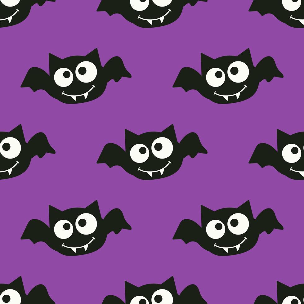 Halloween pattern with cute bat in the night sky for party decoration. Funny october night purple seamless background. vector