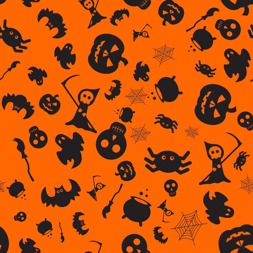 patrón festivo sin costuras naranja de halloween. fondo interminable con calabazas, calaveras, murciélagos, arañas, fantasmas, huesos, telaraña. vector
