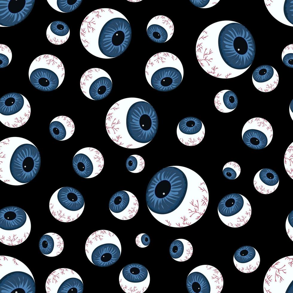 Pattern with creepy eyeballs, texture of human eyeballs isolated on black background vector