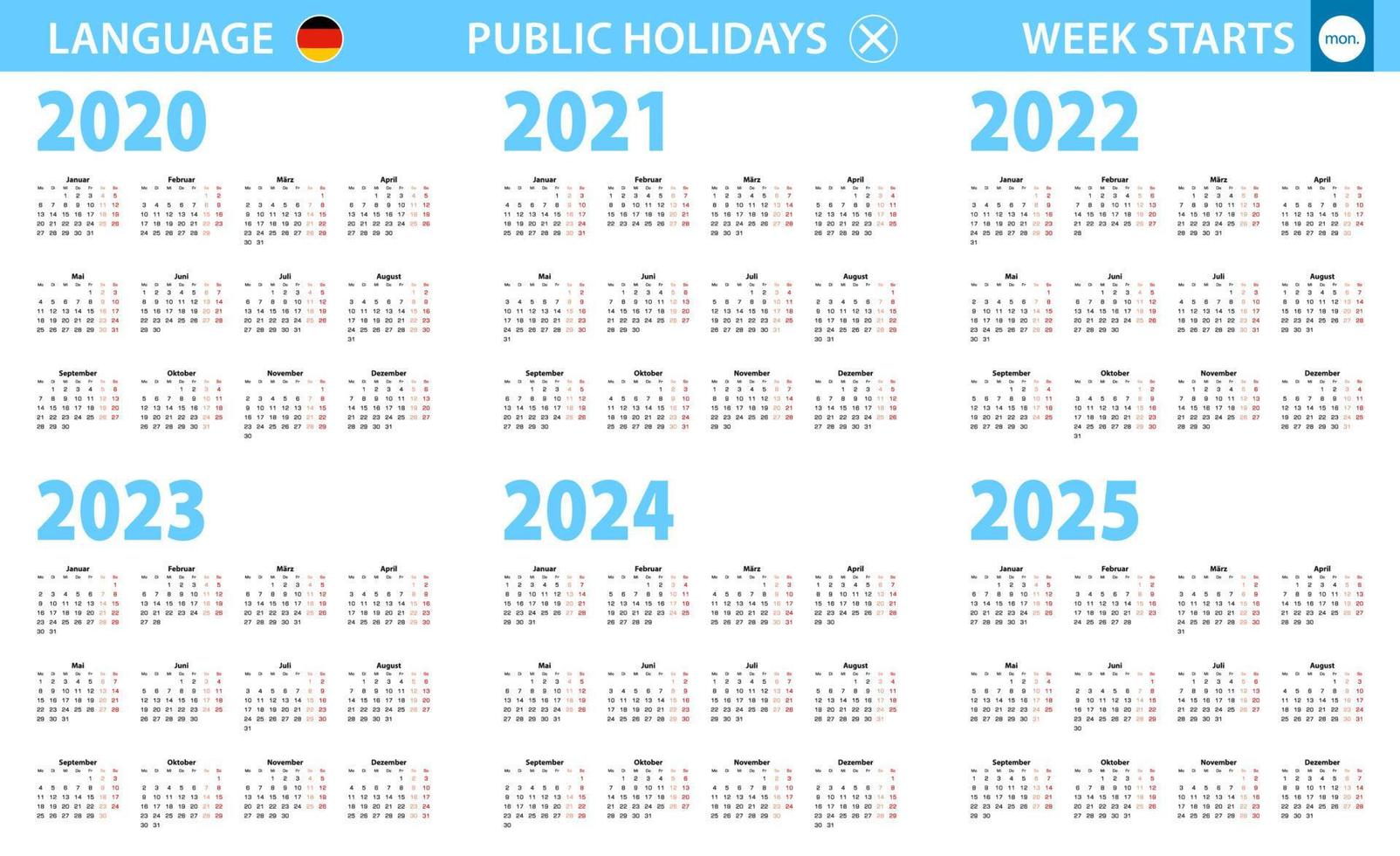 calendario en idioma alemán para el año 2020, 2021, 2022, 2023, 2024, 2025. la semana comienza en lunes. vector