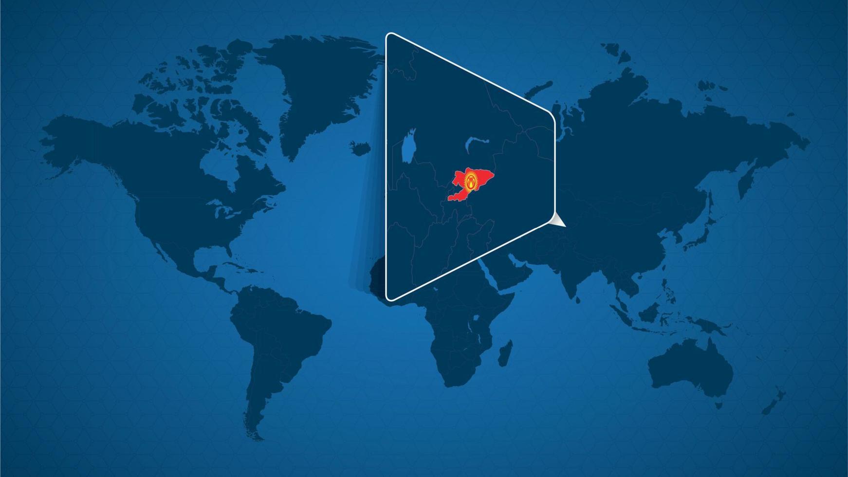 Detailed world map with pinned enlarged map of Kyrgyzstan and neighboring countries. vector