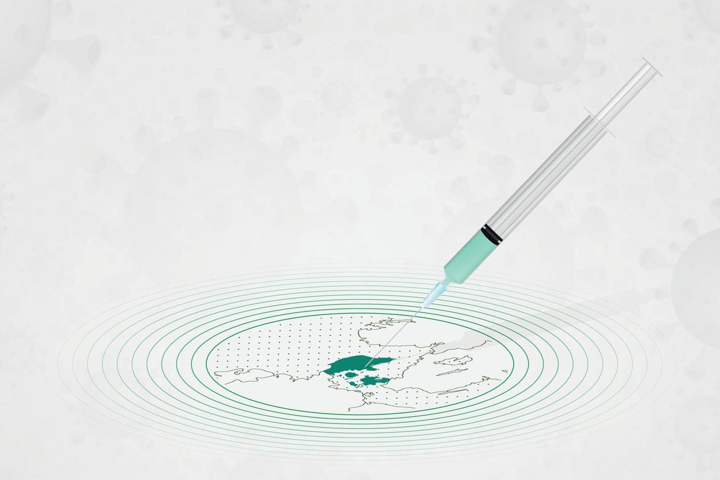 concepto de vacunación de dinamarca, inyección de vacuna en el mapa de dinamarca. vacuna y vacunación contra el coronavirus, covid-19. vector